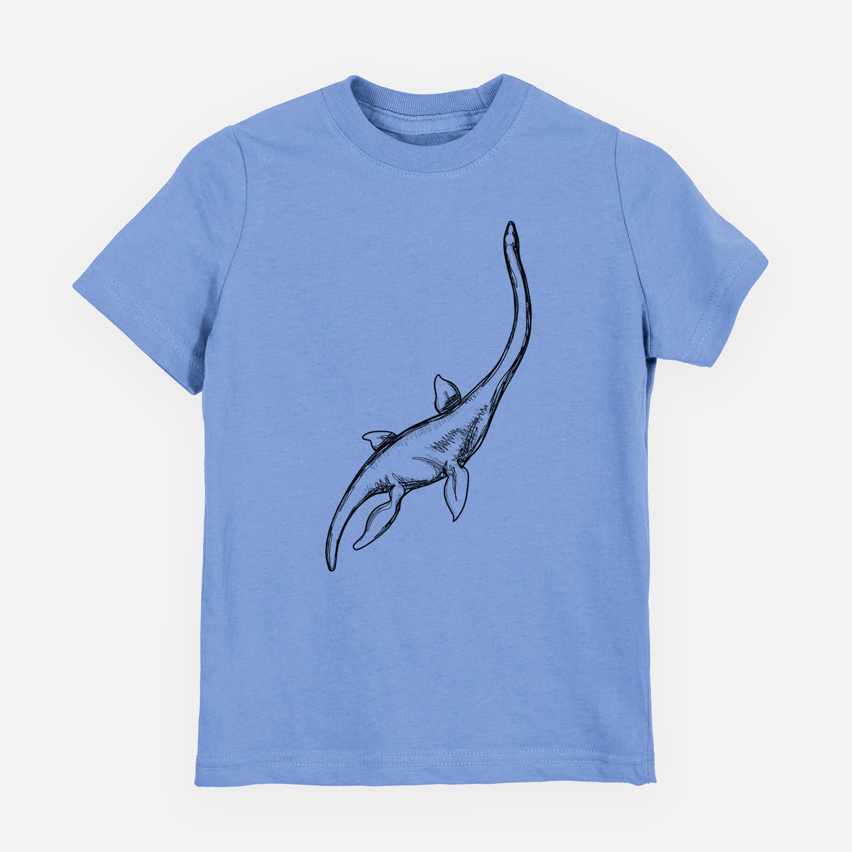 Carolina blue youth t-shirt laid flat, printed with a black ink illustration of a long-necked plesiosaur swimming.