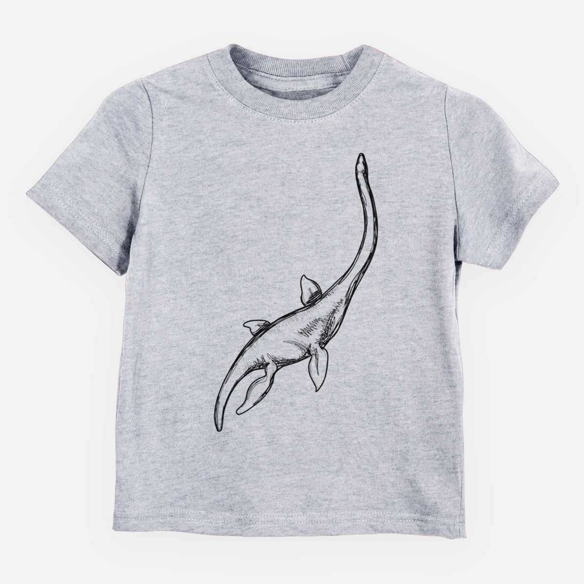 Heather grey toddler t-shirt laid flat, printed with a black ink illustration of a long-necked plesiosaur swimming.