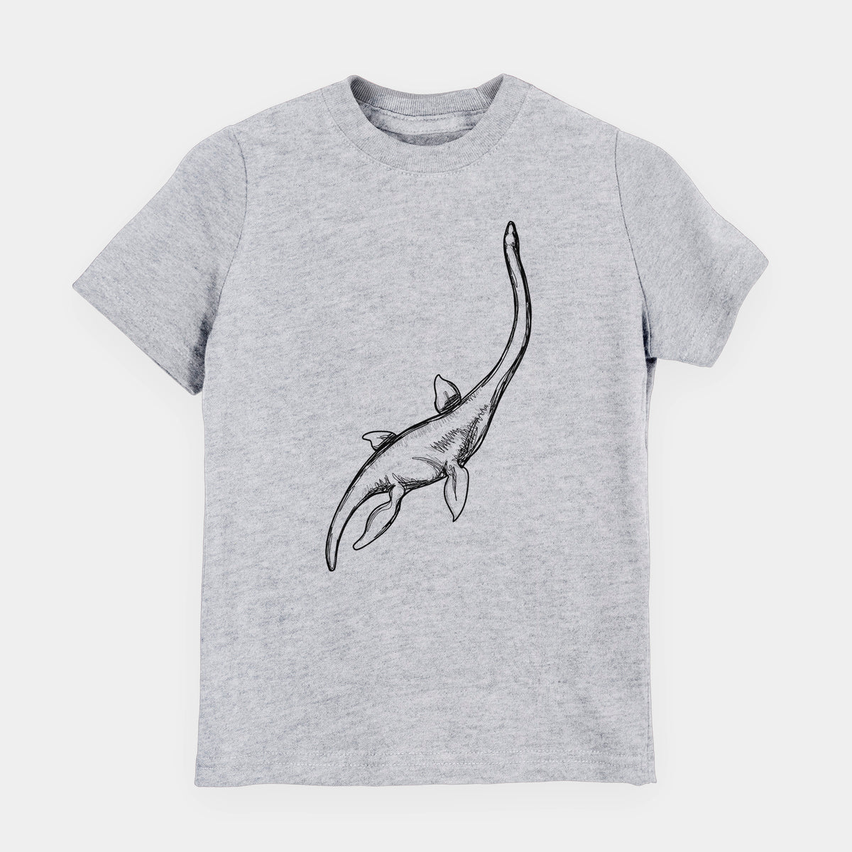 Heather grey youth t-shirt laid flat, printed with a black ink illustration of a long-necked plesiosaur swimming.