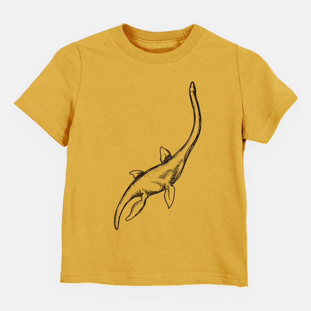 Honeycomb yellow toddler t-shirt laid flat, printed with a black ink illustration of a long-necked plesiosaur swimming.
