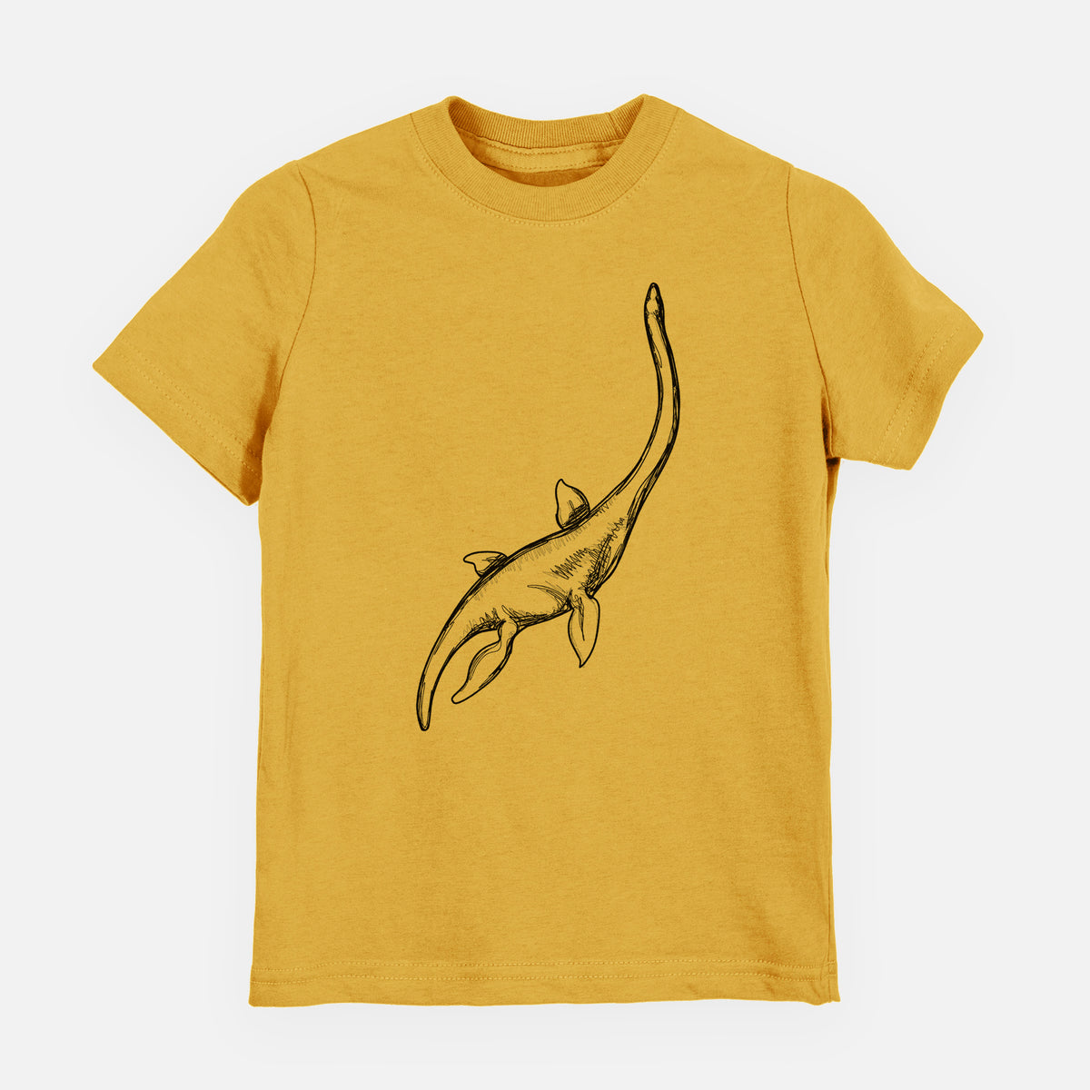Honeycomb yellow youth t-shirt laid flat, printed with a black ink illustration of a long-necked plesiosaur swimming.