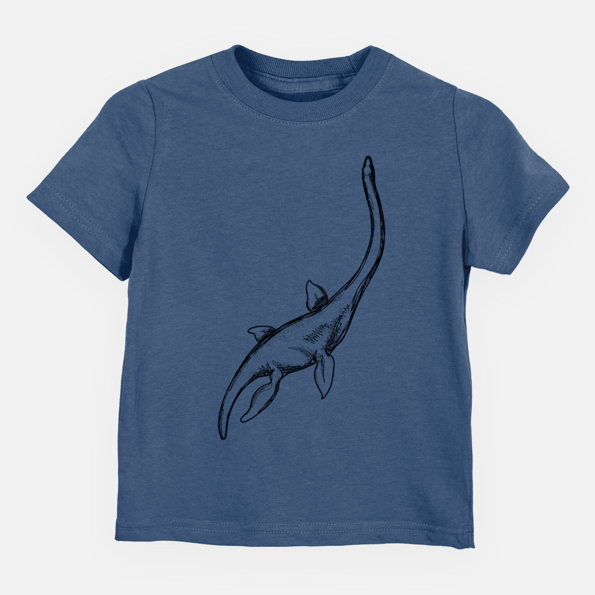 Indigo blue toddler t-shirt laid flat, printed with a black ink illustration of a long-necked plesiosaur swimming.
