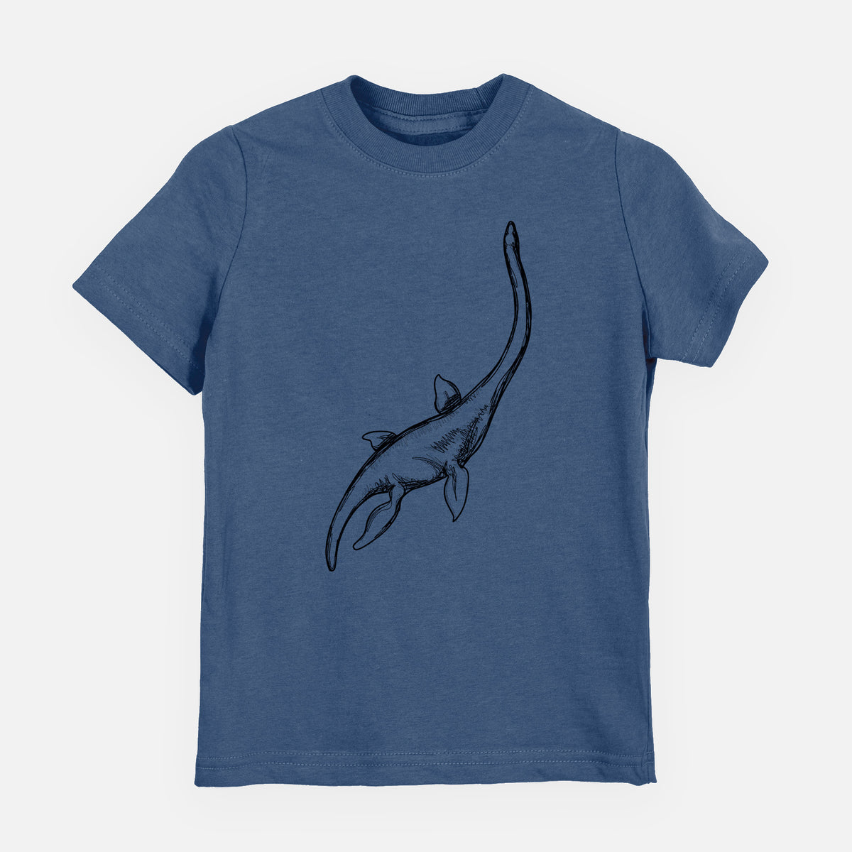 Indigo blue youth t-shirt laid flat, printed with a black ink illustration of a long-necked plesiosaur swimming.
