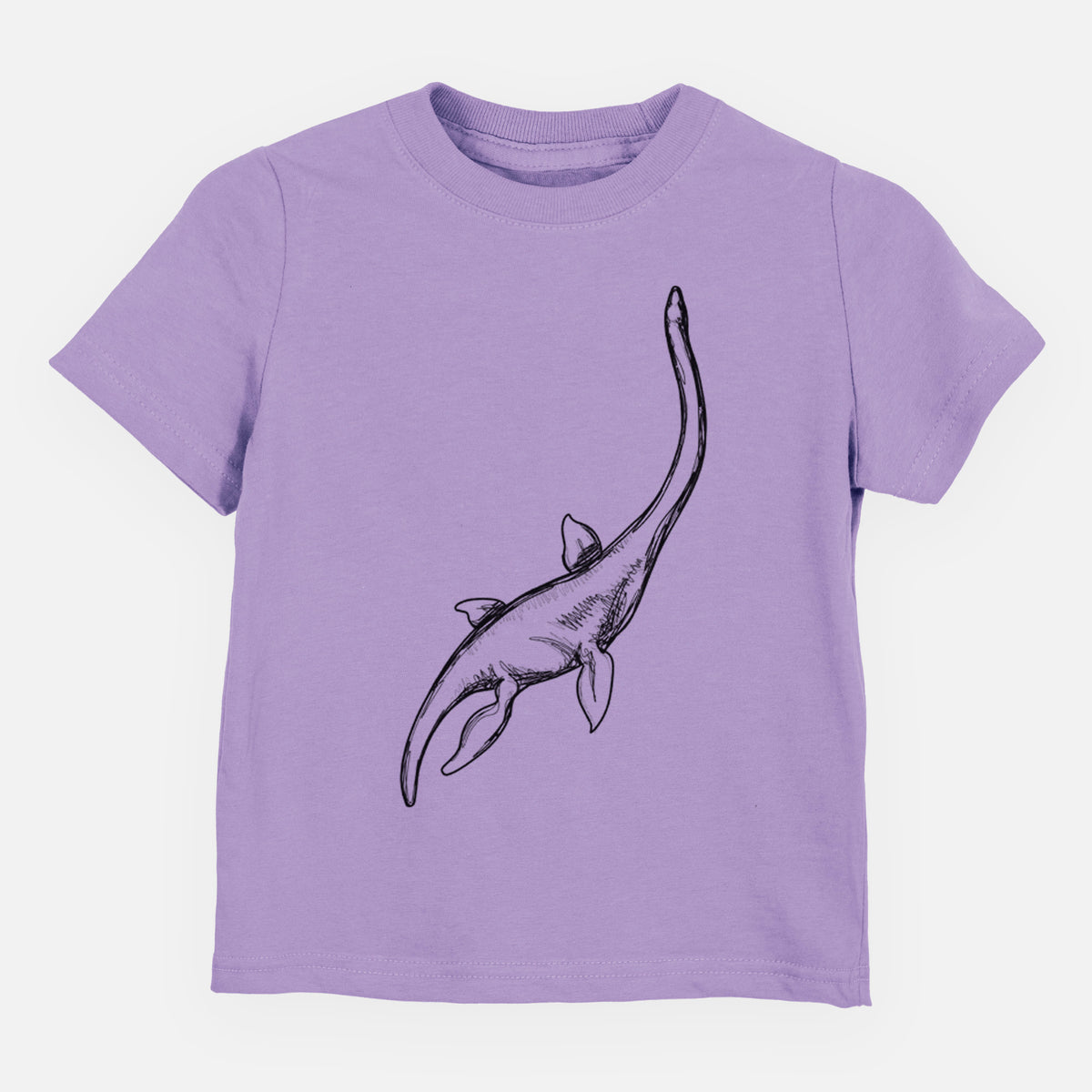 Lavender toddler t-shirt laid flat, printed with a black ink illustration of a long-necked plesiosaur swimming.