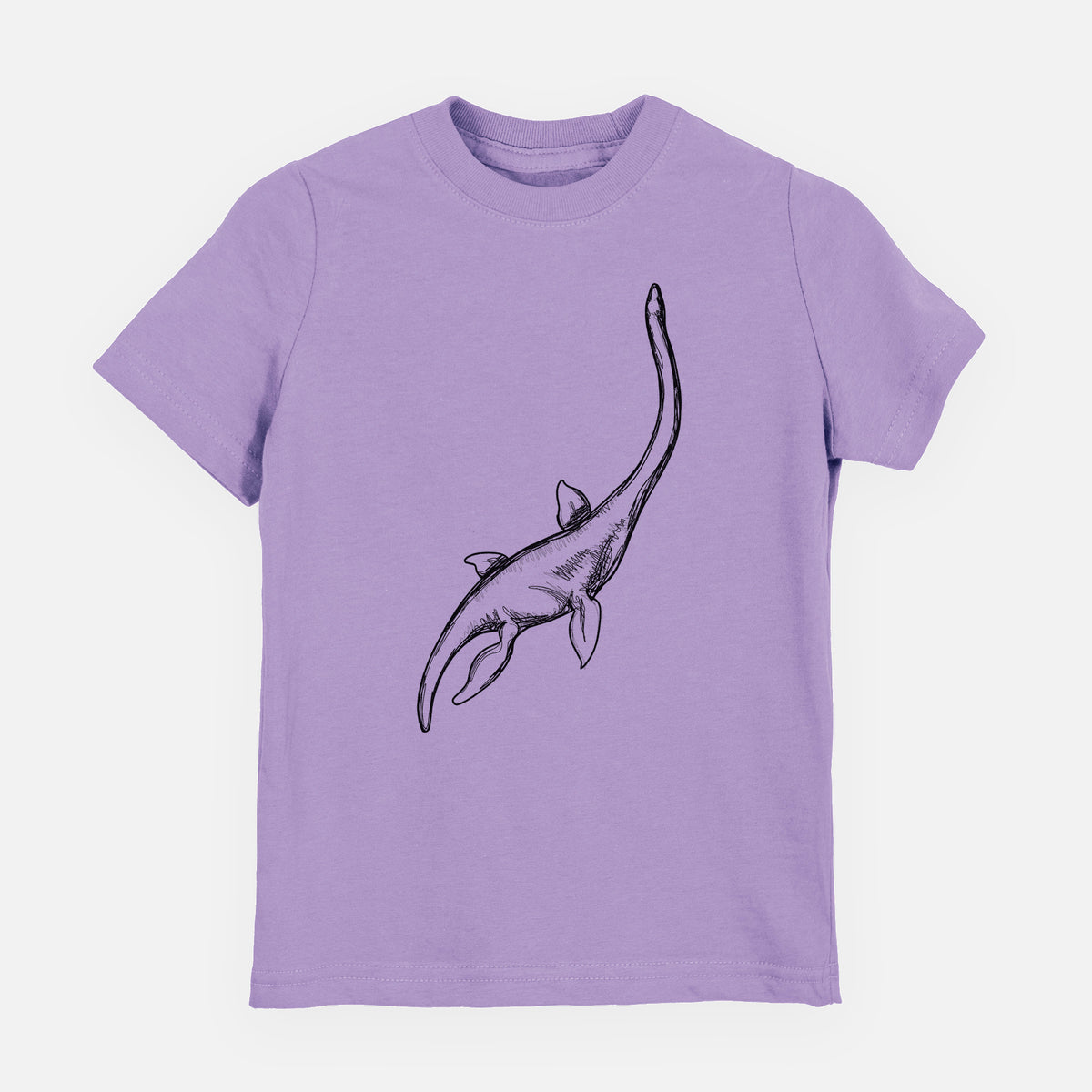 Lavender youth t-shirt laid flat, printed with a black ink illustration of a long-necked plesiosaur swimming.