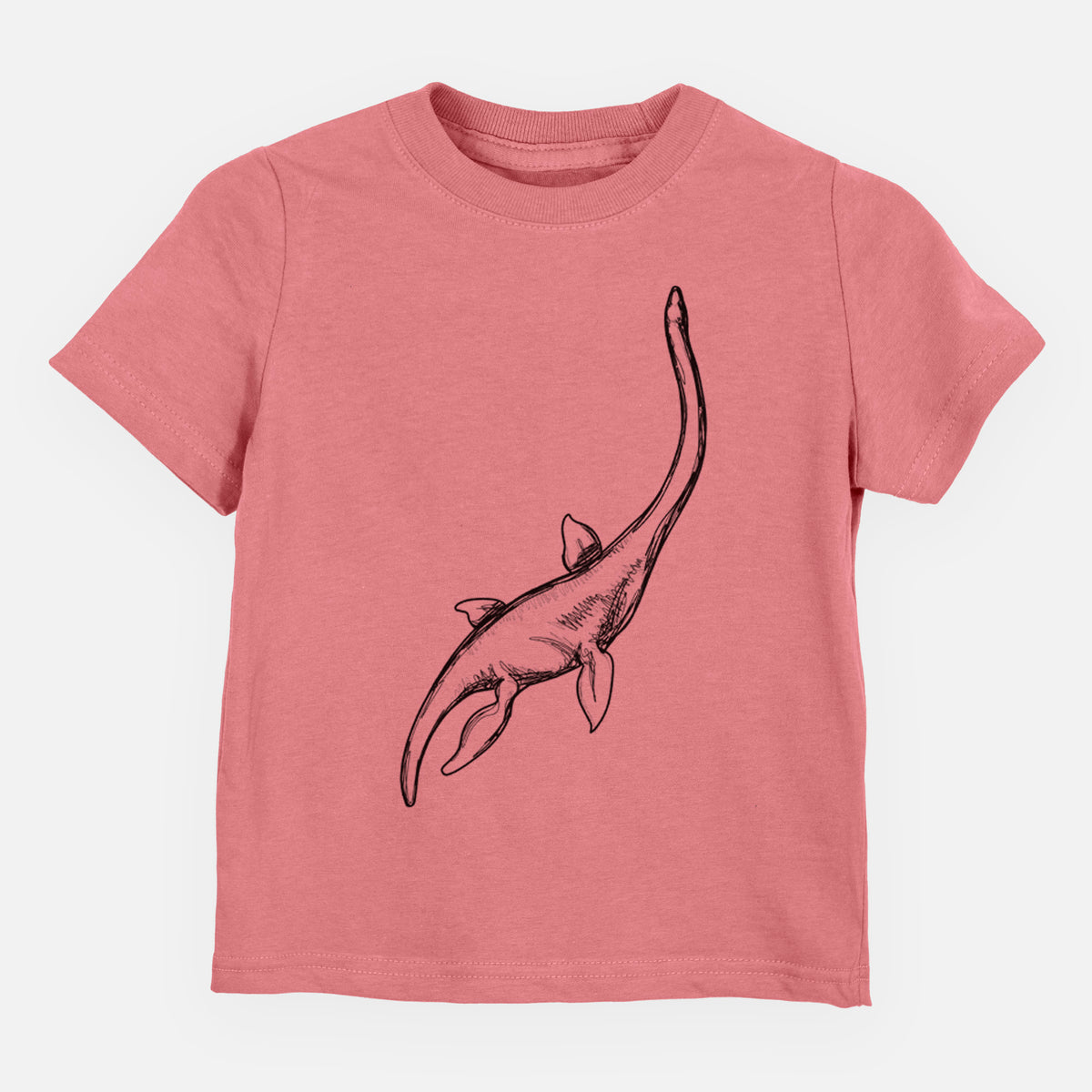 Mauve pink toddler t-shirt laid flat, printed with a black ink illustration of a long-necked plesiosaur swimming.