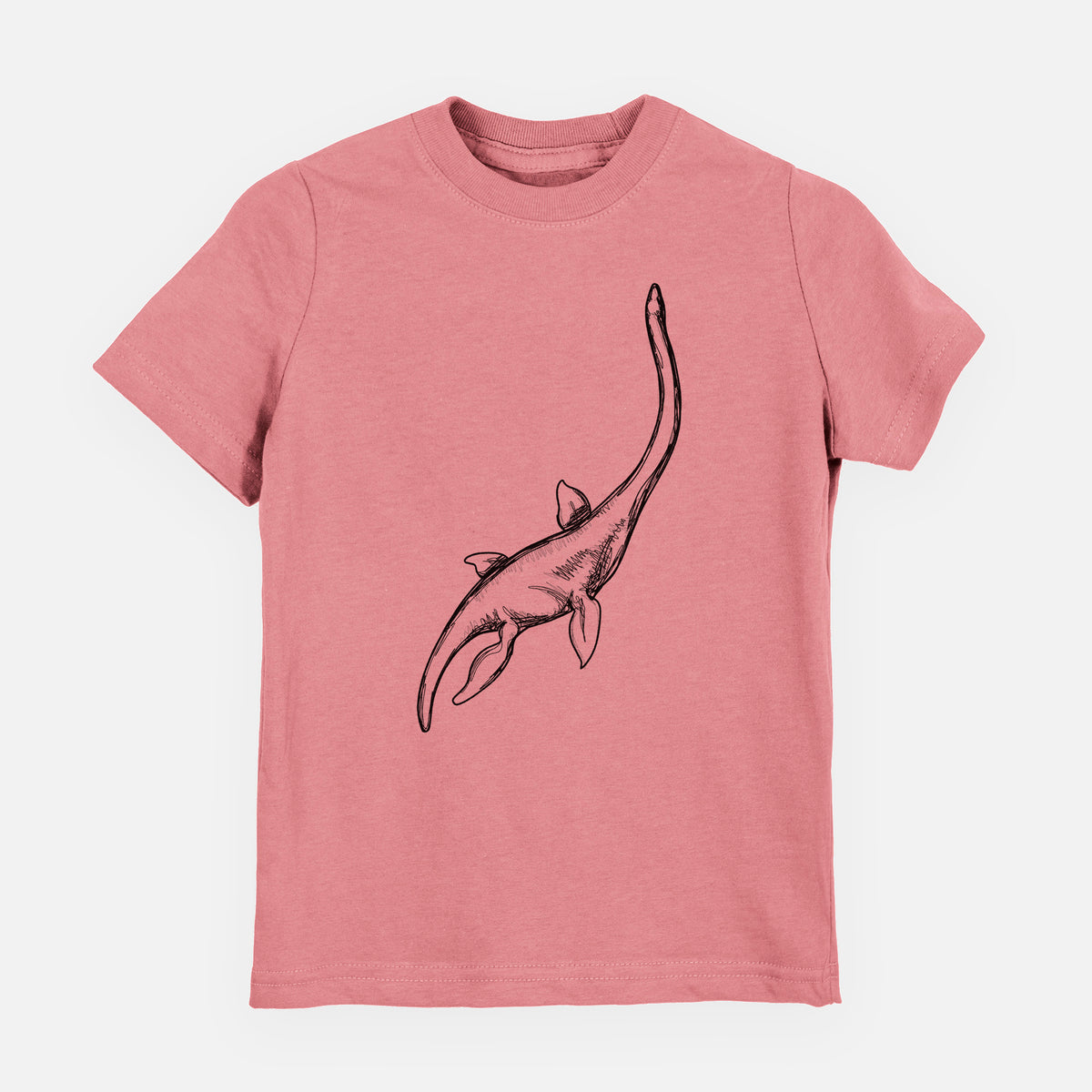 Mauve pink youth t-shirt laid flat, printed with a black ink illustration of a long-necked plesiosaur swimming.