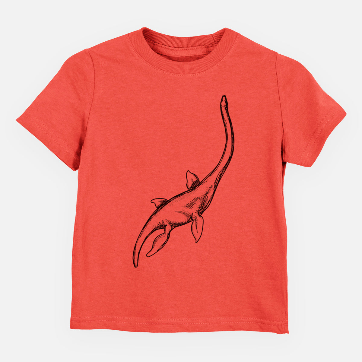 Passionfruit pink toddler t-shirt laid flat, printed with a black ink illustration of a long-necked plesiosaur swimming.