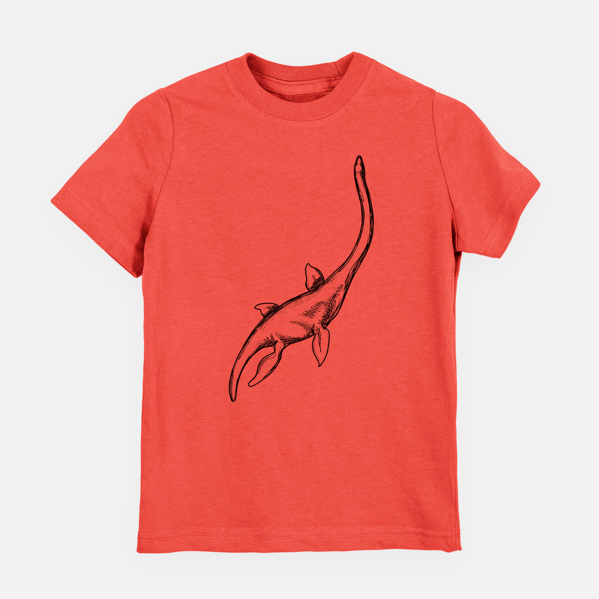Passionfruit pink youth t-shirt laid flat, printed with a black ink illustration of a long-necked plesiosaur swimming.