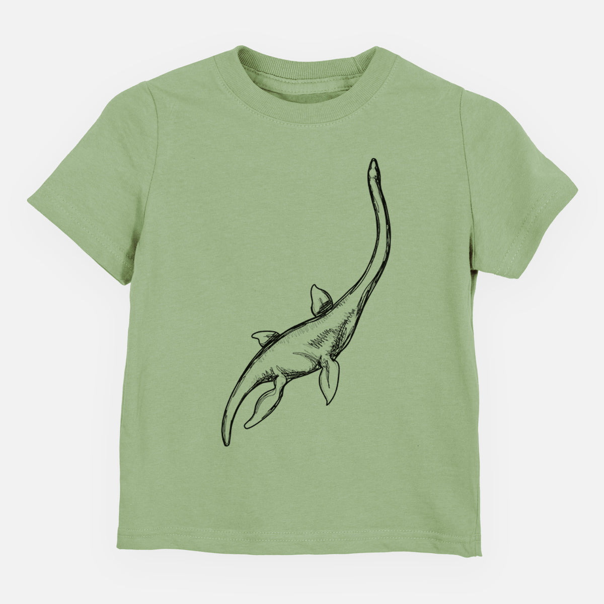 Sage green toddler t-shirt laid flat, printed with a black ink illustration of a long-necked plesiosaur swimming.