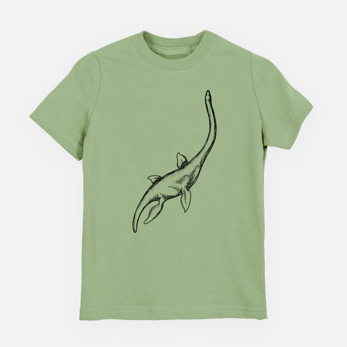 Sage green youth t-shirt laid flat, printed with a black ink illustration of a long-necked plesiosaur swimming.