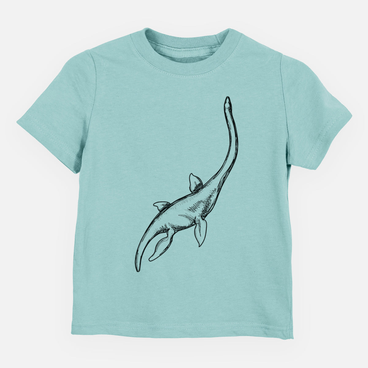 Saltwater toddler t-shirt laid flat, printed with a black ink illustration of a long-necked plesiosaur swimming.