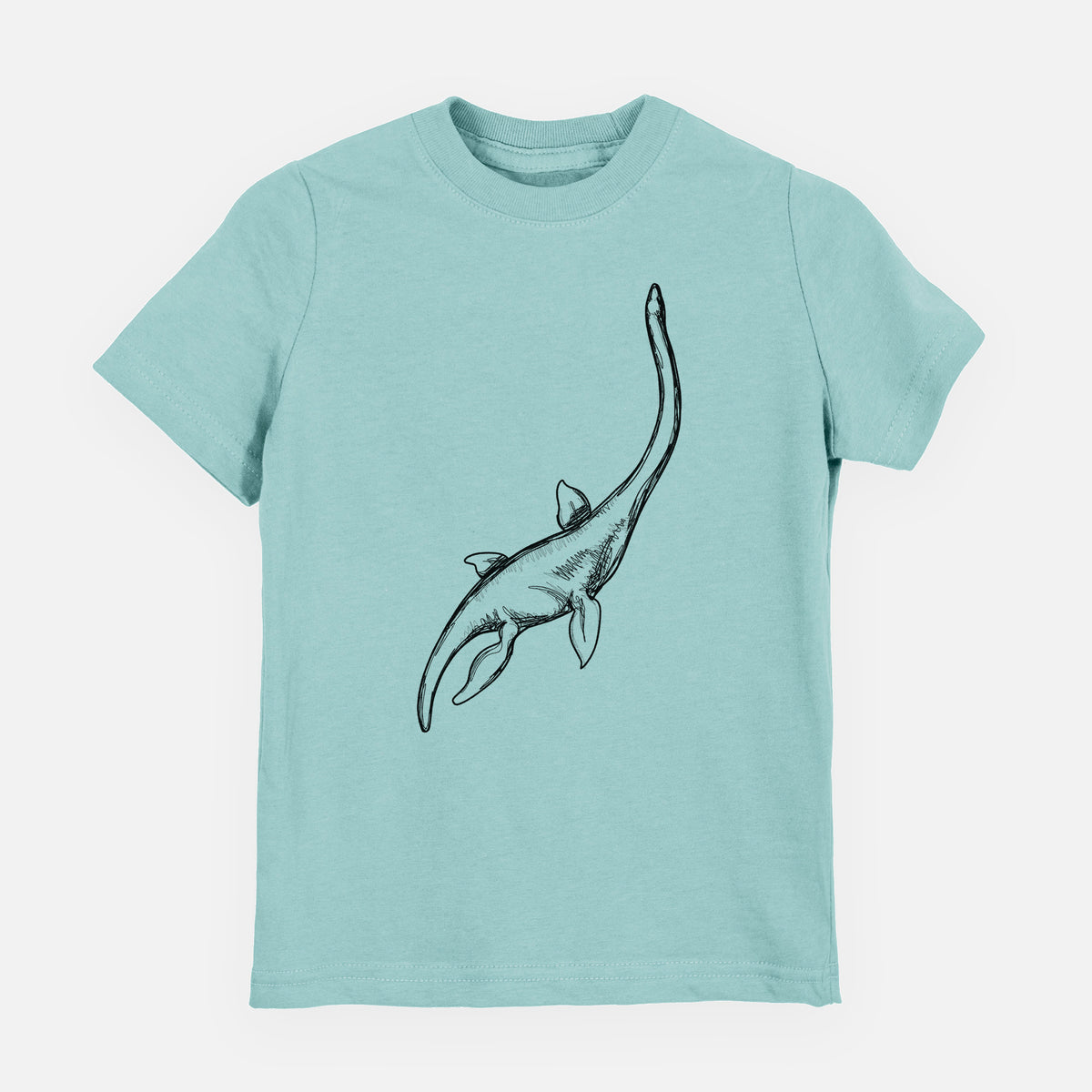 Saltwater youth t-shirt laid flat, printed with a black ink illustration of a long-necked plesiosaur swimming.