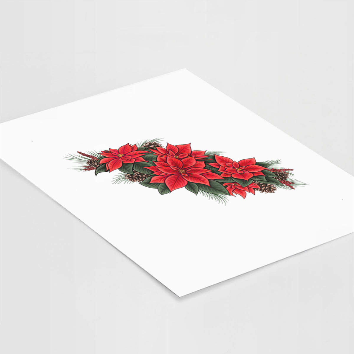 Art print of a full-color illustration of red poinsettia flowers with pine greenery and pine cones, lying at an angle on a white surface.
