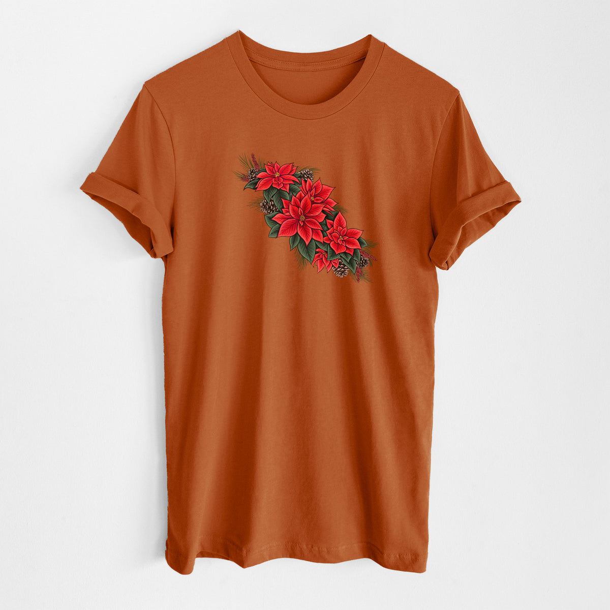 Autumn lightweight cotton t-shirt laid flat, printed with a full-color illustration of red poinsettia flowers with pine greenery and pine cones.