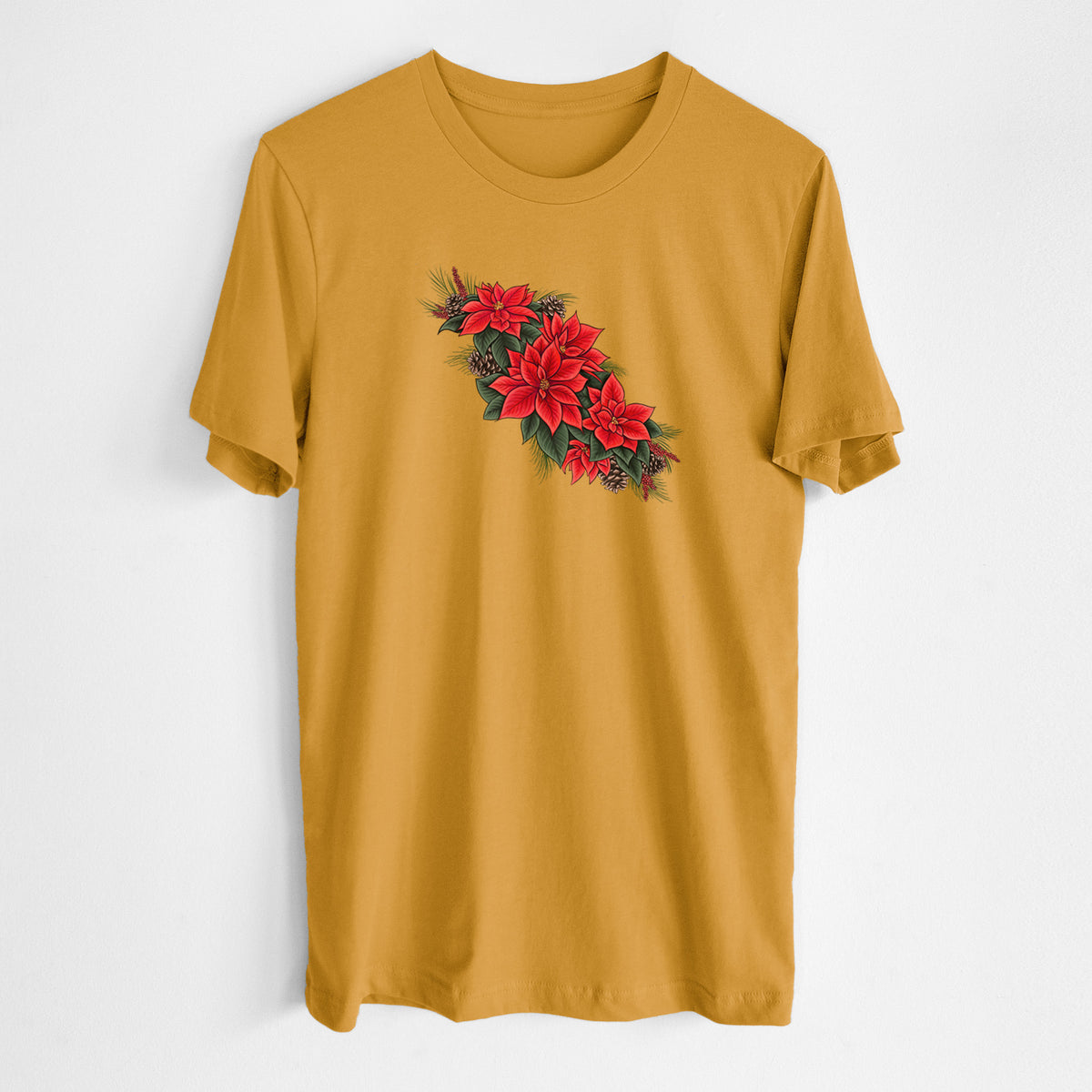 Honeycomb yellow lightweight cotton t-shirt laid flat, printed with a full-color illustration of red poinsettia flowers with pine greenery and pine cones.