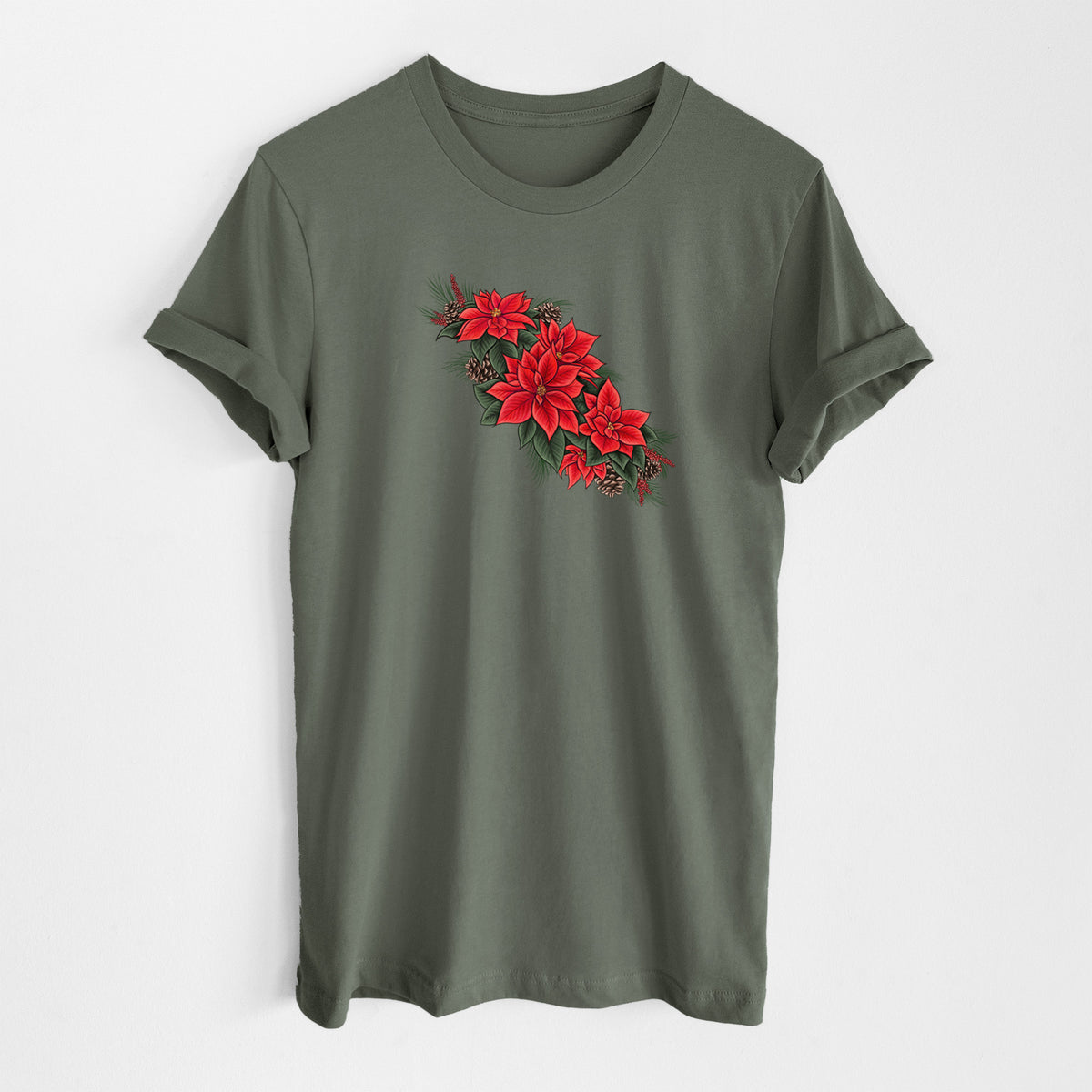 Military green lightweight cotton t-shirt laid flat, printed with a full-color illustration of red poinsettia flowers with pine greenery and pine cones.