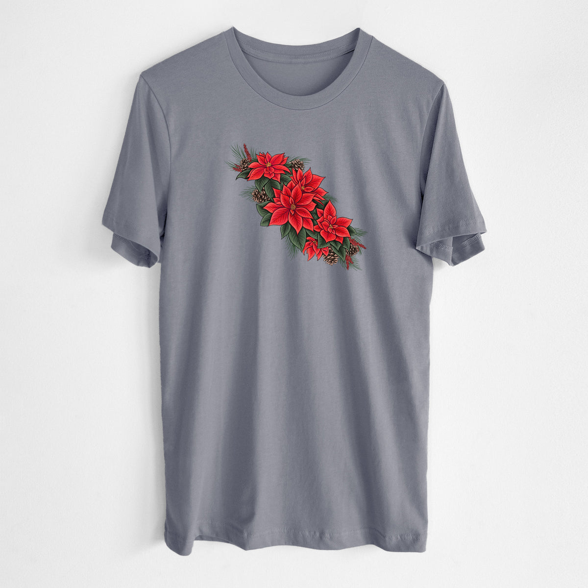 Storm grey lightweight cotton t-shirt laid flat, printed with a full-color illustration of red poinsettia flowers with pine greenery and pine cones.