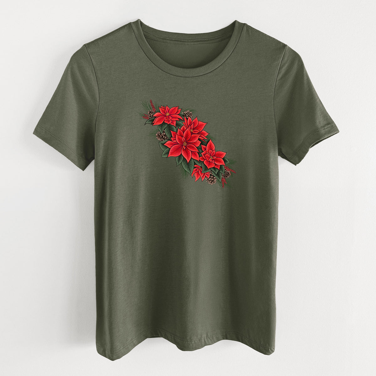 Military green women's relaxed fit cotton t-shirt laid flat, printed with a full-color illustration of red poinsettia flowers with pine greenery and pine cones.