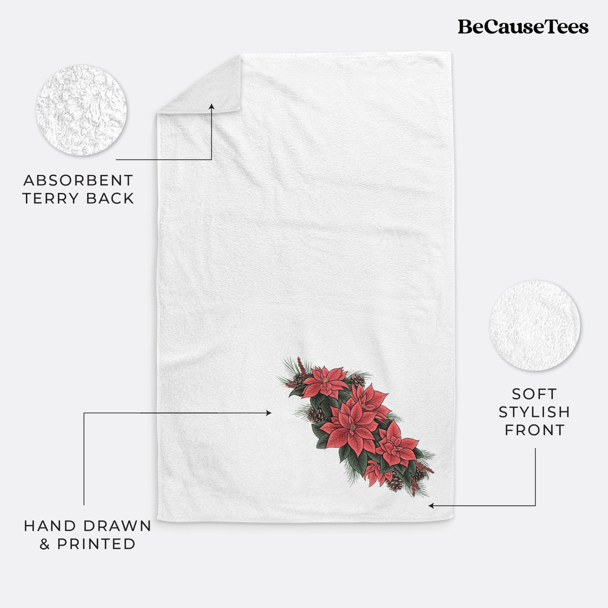 White hand towel printed with a full-color illustration of red poinsettia flowers with pine greenery and pine cones.