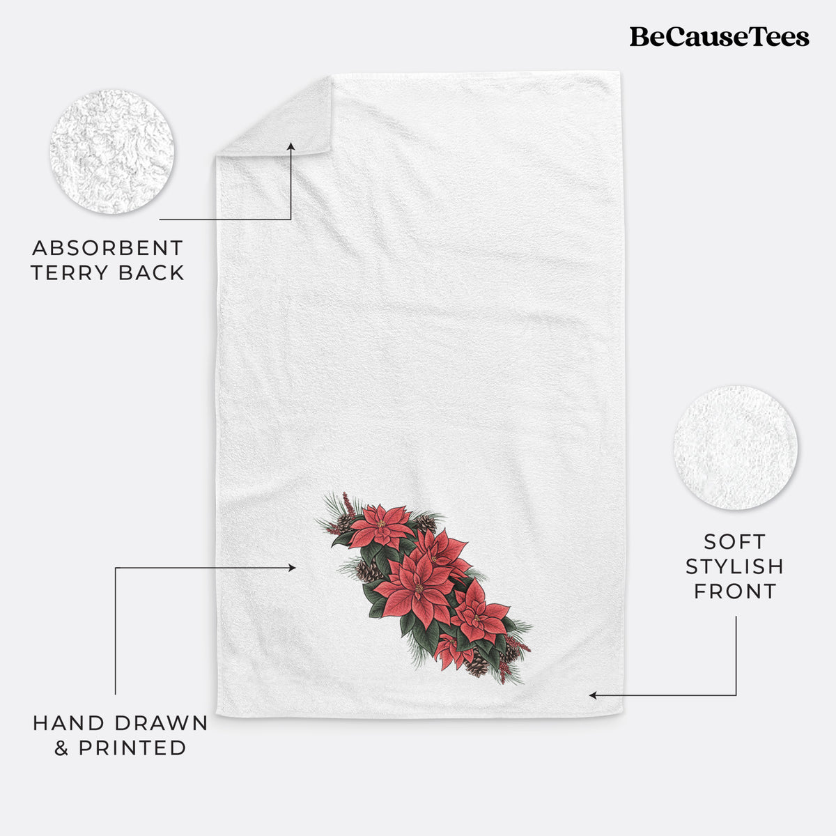 White hand towel printed with a full-color illustration of red poinsettia flowers with pine greenery and pine cones.