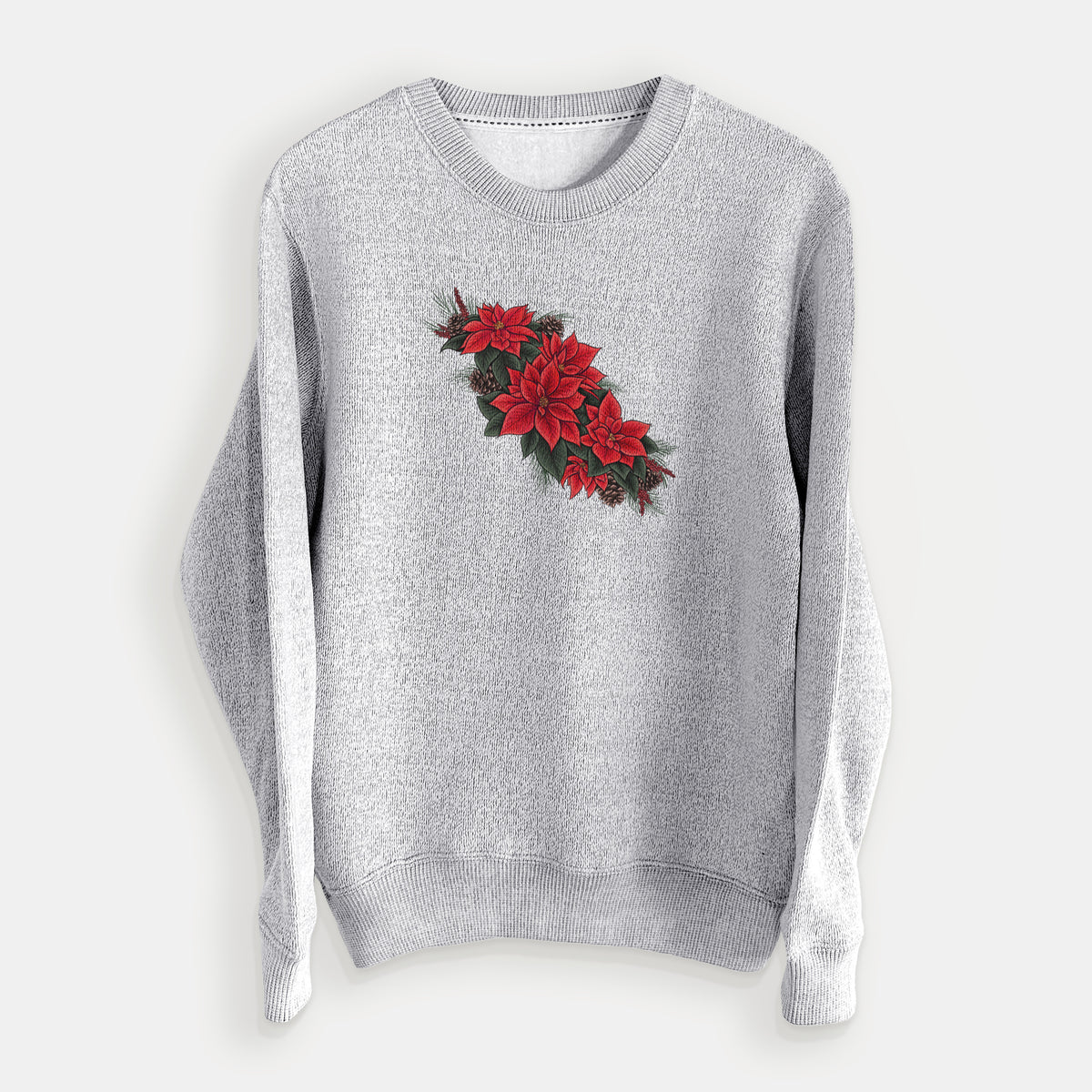 Salt and pepper knit sweatshirt laid flat, printed with a full-color illustration of red poinsettia flowers with pine greenery and pine cones.