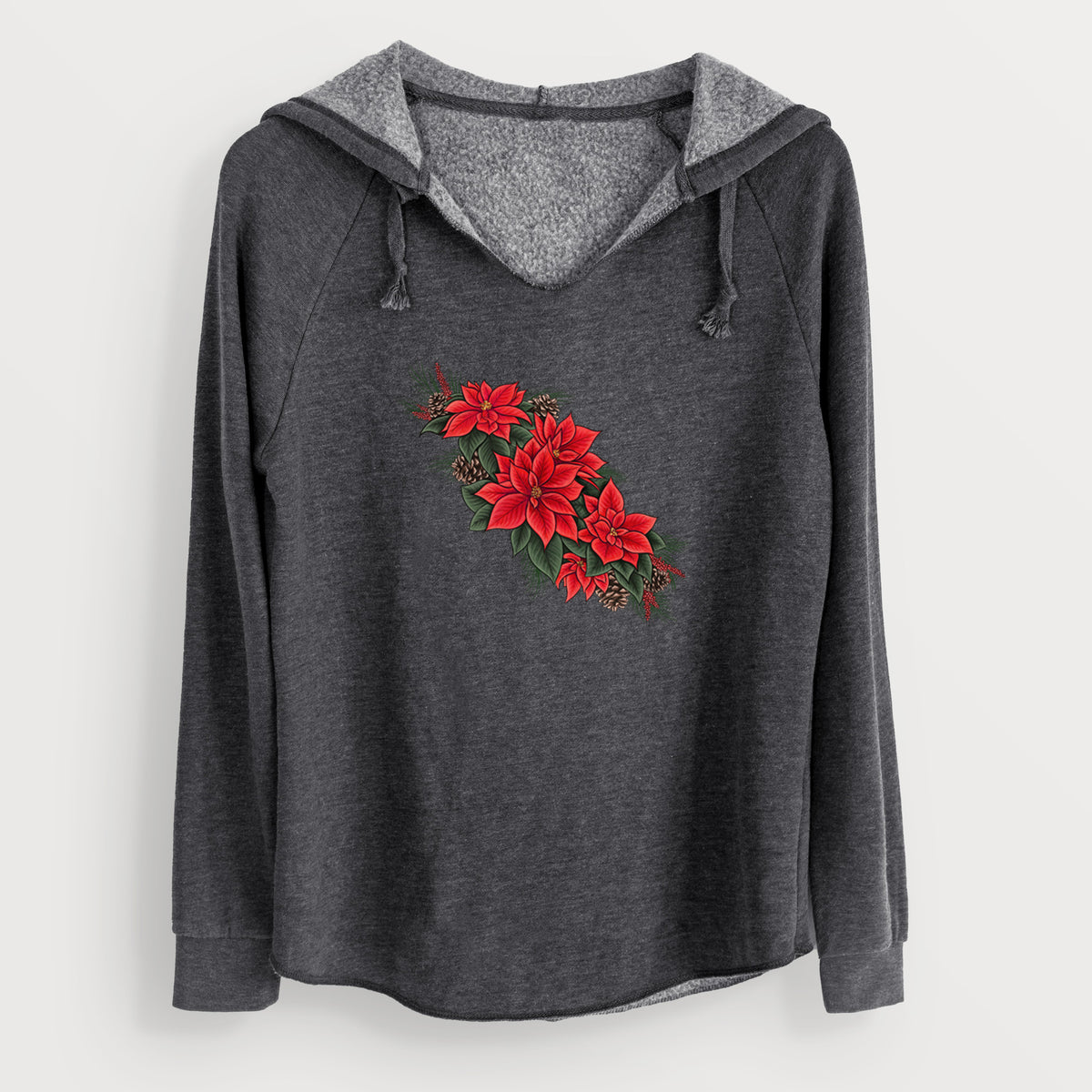 Charcoal grey women's Cali Wave hooded sweatshirt laid flat, printed with a full-color illustration of red poinsettia flowers with pine greenery and pine cones.