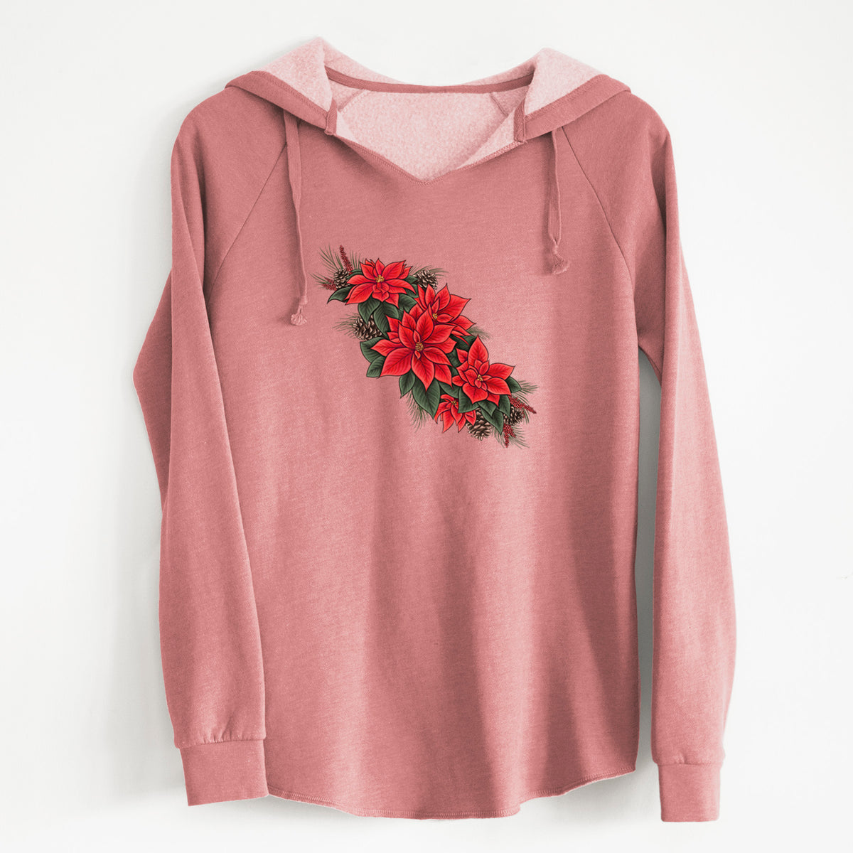 Dusty rose women's Cali Wave hooded sweatshirt laid flat, printed with a full-color illustration of red poinsettia flowers with pine greenery and pine cones.