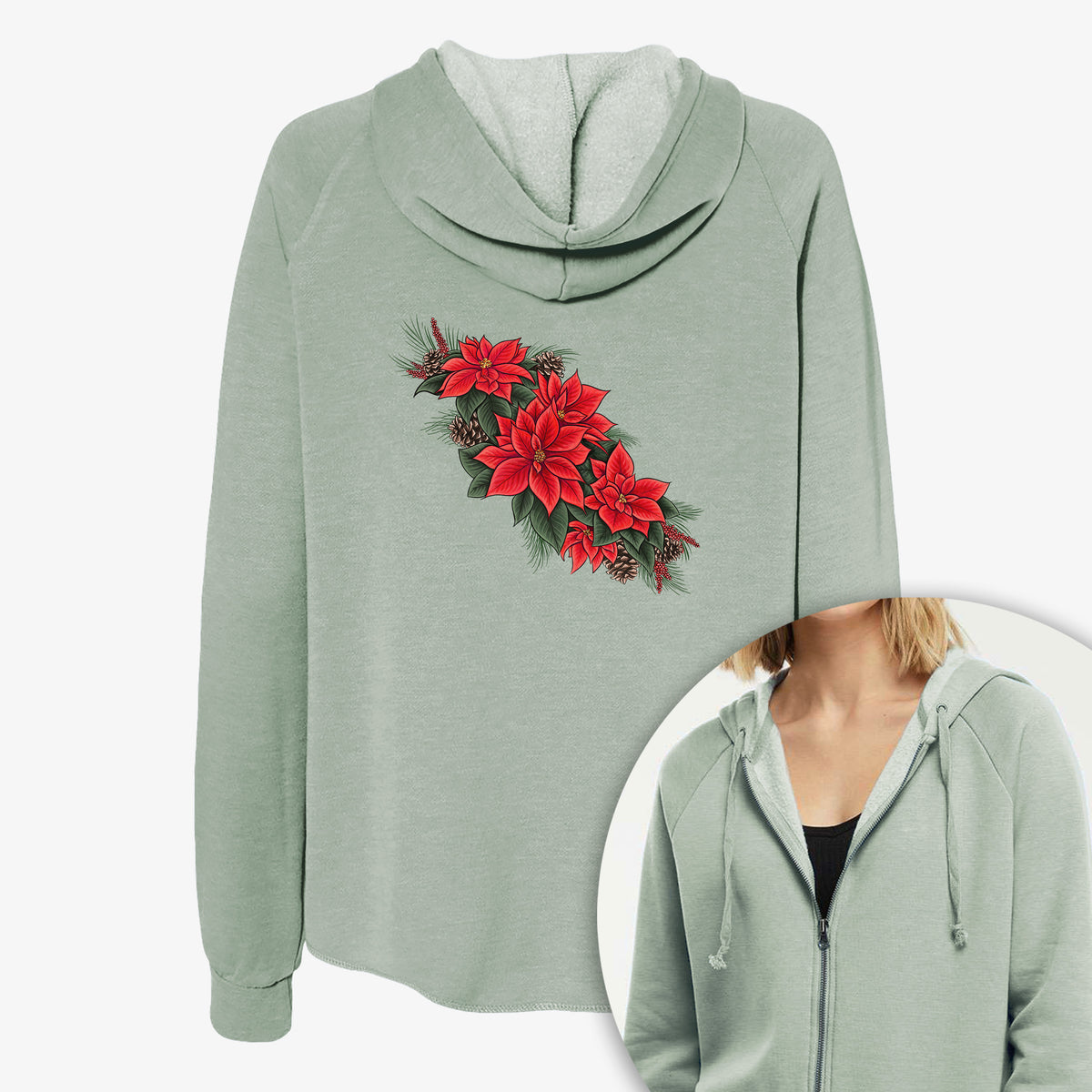 Women's Cali Wave zip-up sweatshirt printed with a full-color illustration of red poinsettia flowers with pine greenery and pine cones, with a close-up of the zipper.