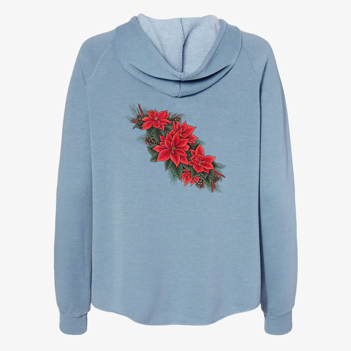 Misty blue women's Cali Wave zip-up sweatshirt laid flat, printed with a full-color illustration of red poinsettia flowers with pine greenery and pine cones.