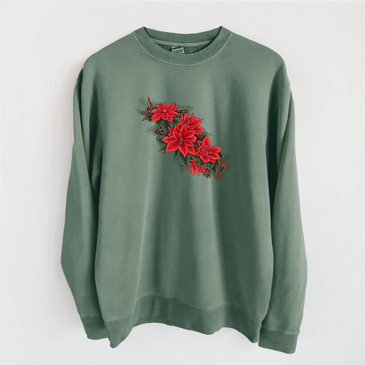 Winter Poinsettias - Euphorbia pulcherrima - Unisex Pigment Dyed Crew Sweatshirt in Alpine Green