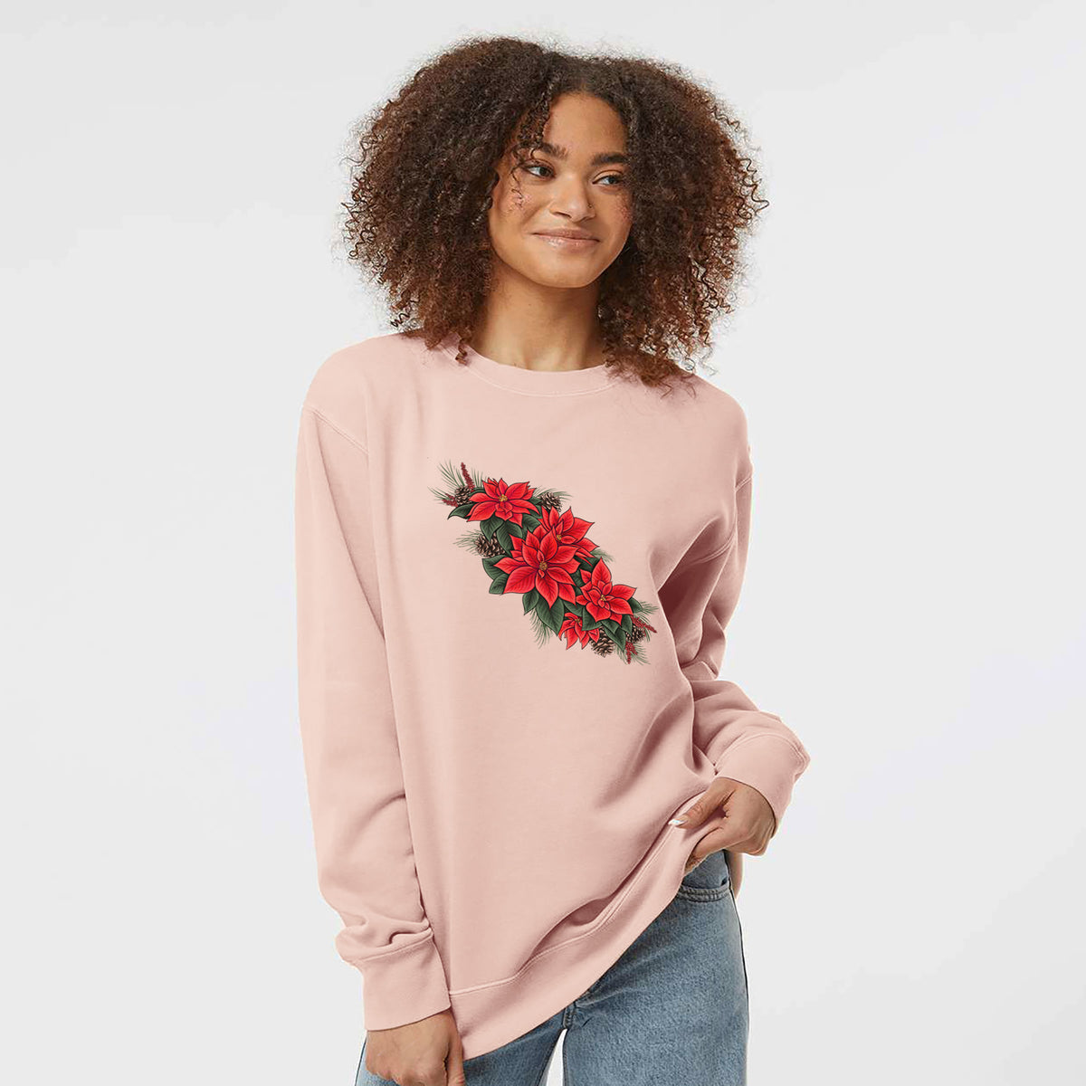 Winter Poinsettias - Euphorbia pulcherrima - Unisex Pigment Dyed Crew Sweatshirt in Dusty Pink