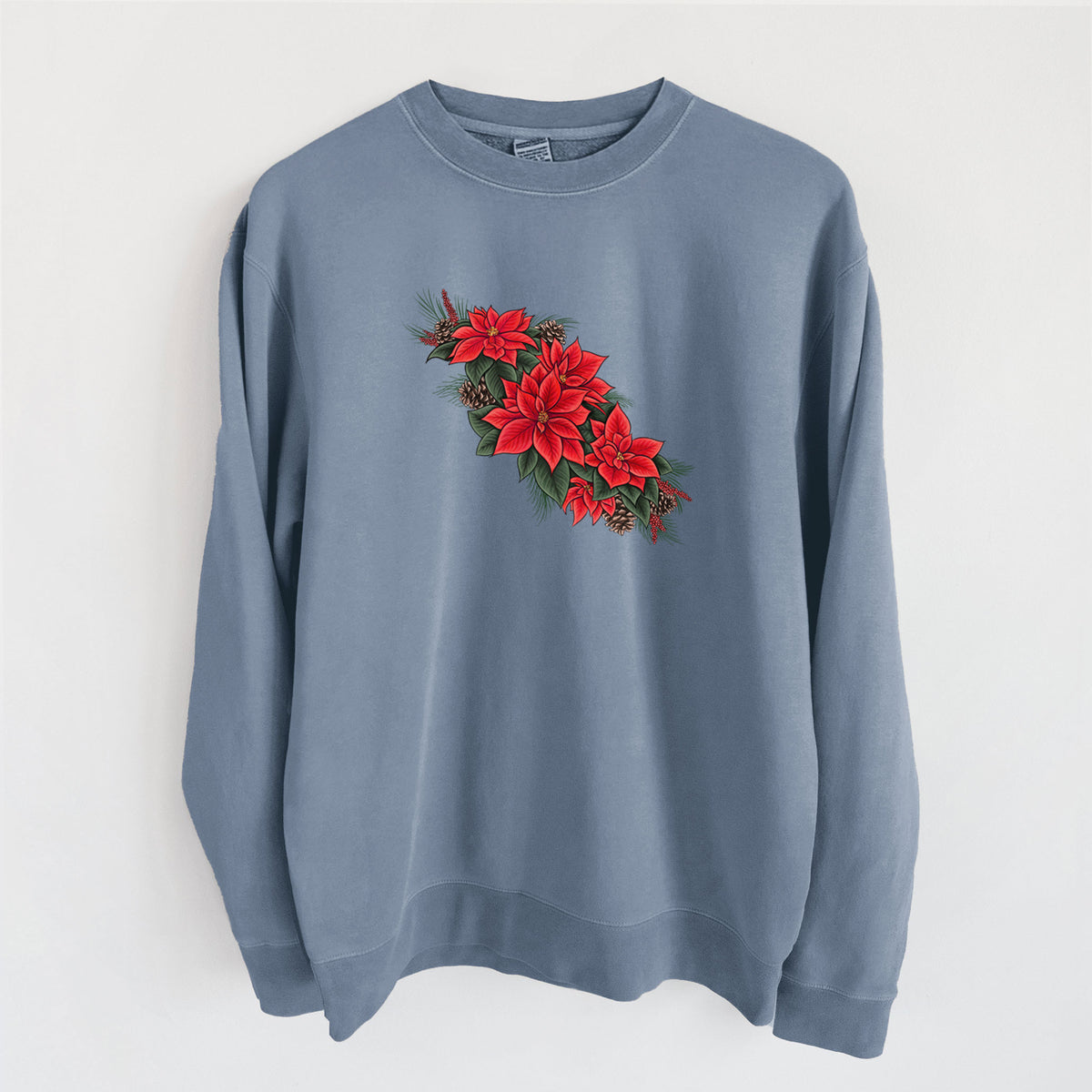Winter Poinsettias - Euphorbia pulcherrima - Unisex Pigment Dyed Crew Sweatshirt in Slate Blue
