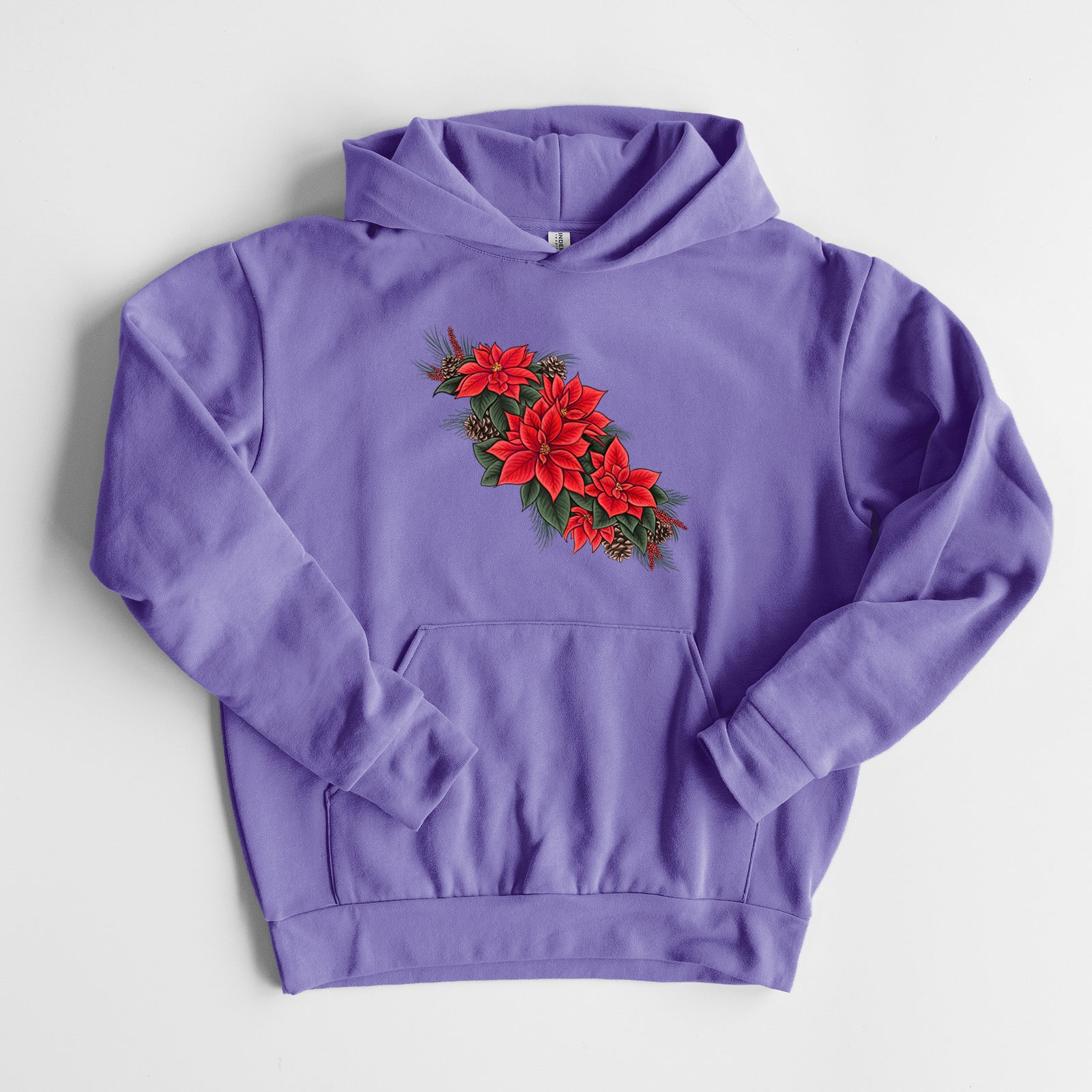 Winter Poinsettias - Euphorbia pulcherrima - Statement Midweight Hoodie in Violet, laid flat, showing the oversized boxy fit and front kangaroo pocket.