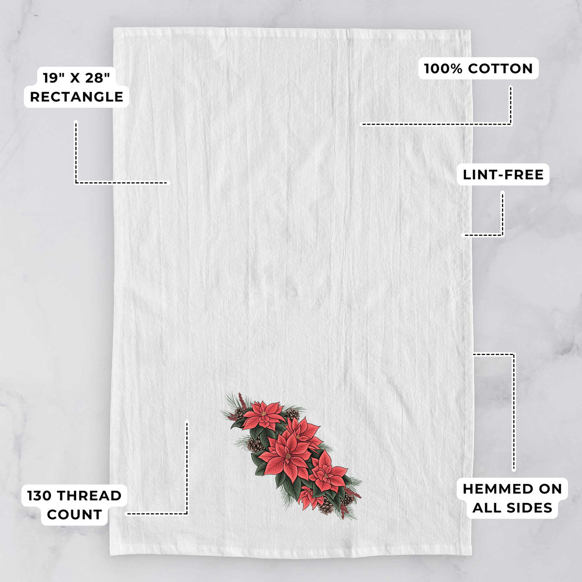 White tea towel printed with a full-color illustration of red poinsettia flowers with pine greenery and pine cones, with feature labels: 19 by 28 inch rectangle, 100% cotton, lint-free, 130 thread count, hemmed on all sides.
