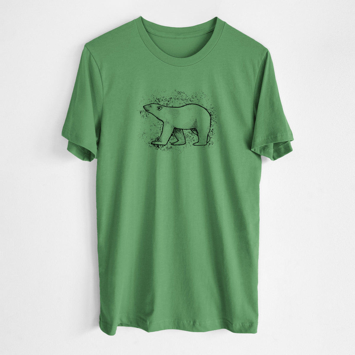Leaf green lightweight cotton t-shirt laid flat, printed with a black ink illustration of a polar bear walking across snow.