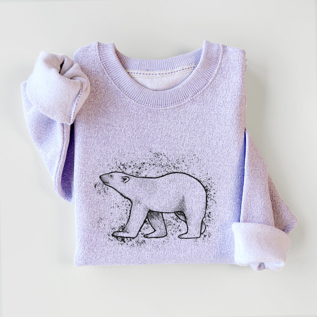 Ice purple knit sweatshirt printed with a black ink illustration of a polar bear walking across snow, styled flat.