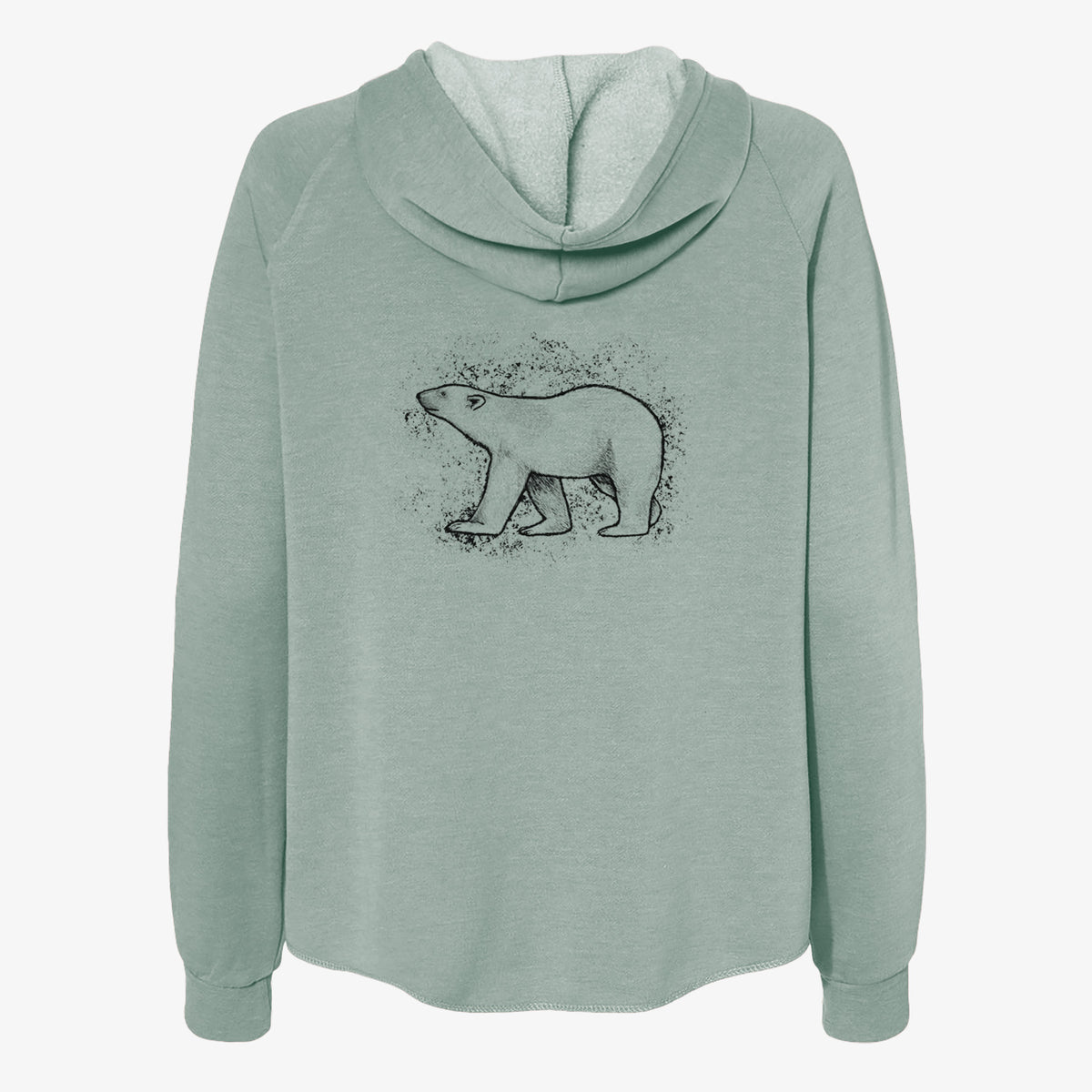Sage green women's Cali Wave zip-up sweatshirt laid flat, printed with a black ink illustration of a polar bear walking across snow.