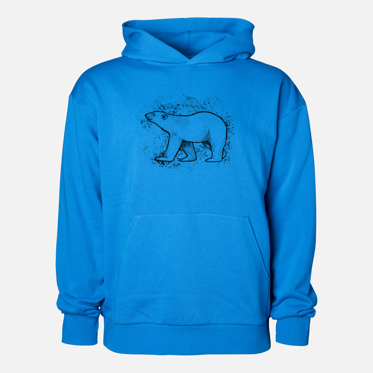 Polar Bear - Statement Midweight Hoodie in Azure Blue, shown from the front with the design printed on the chest above a front kangaroo pocket.