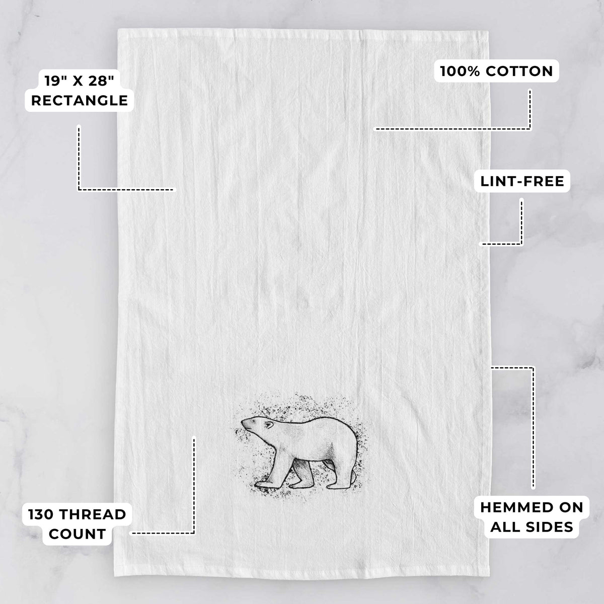 White tea towel printed with a black ink illustration of a polar bear walking across snow, with feature labels: 19 by 28 inch rectangle, 100% cotton, lint-free, 130 thread count, hemmed on all sides.