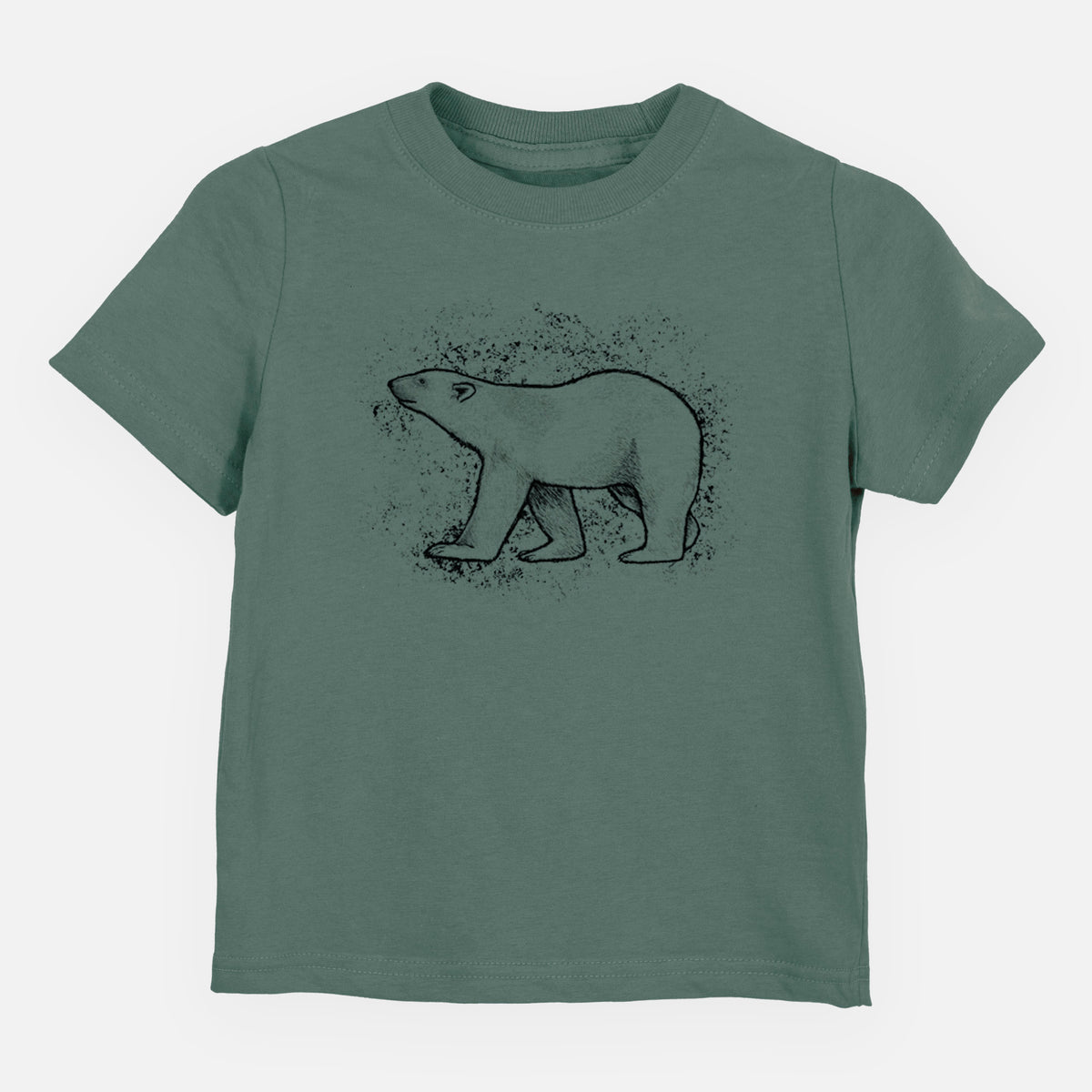 Basil green toddler t-shirt laid flat, printed with a black ink illustration of a polar bear walking across snow.