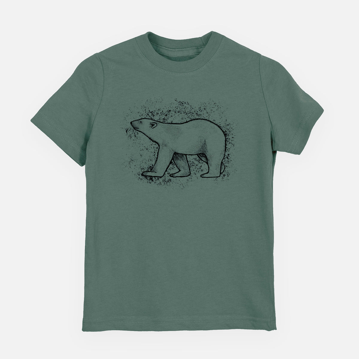 Basil green youth t-shirt laid flat, printed with a black ink illustration of a polar bear walking across snow.