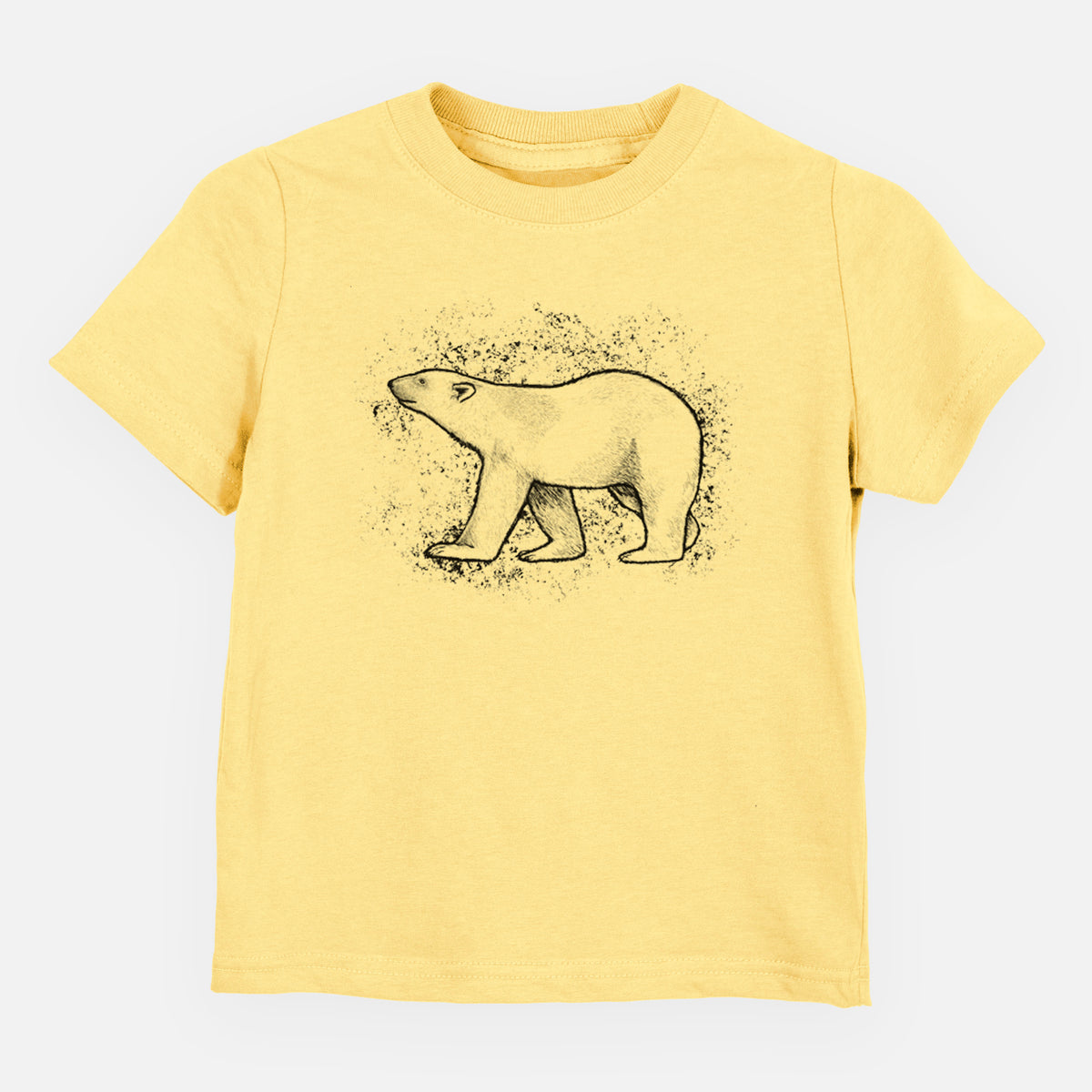 Butter yellow toddler t-shirt laid flat, printed with a black ink illustration of a polar bear walking across snow.