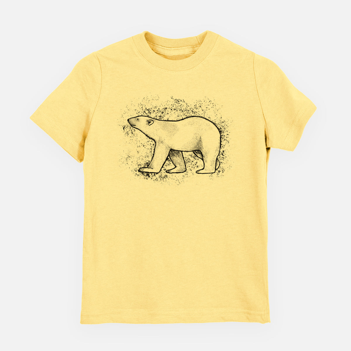 Butter yellow youth t-shirt laid flat, printed with a black ink illustration of a polar bear walking across snow.