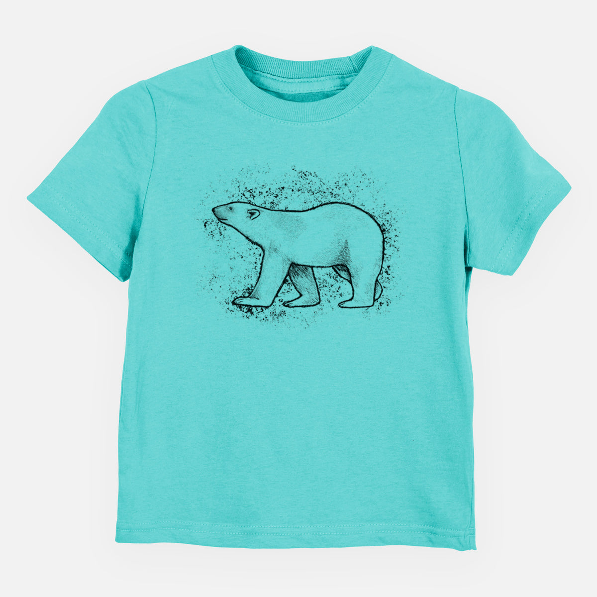 Caribbean blue toddler t-shirt laid flat, printed with a black ink illustration of a polar bear walking across snow.