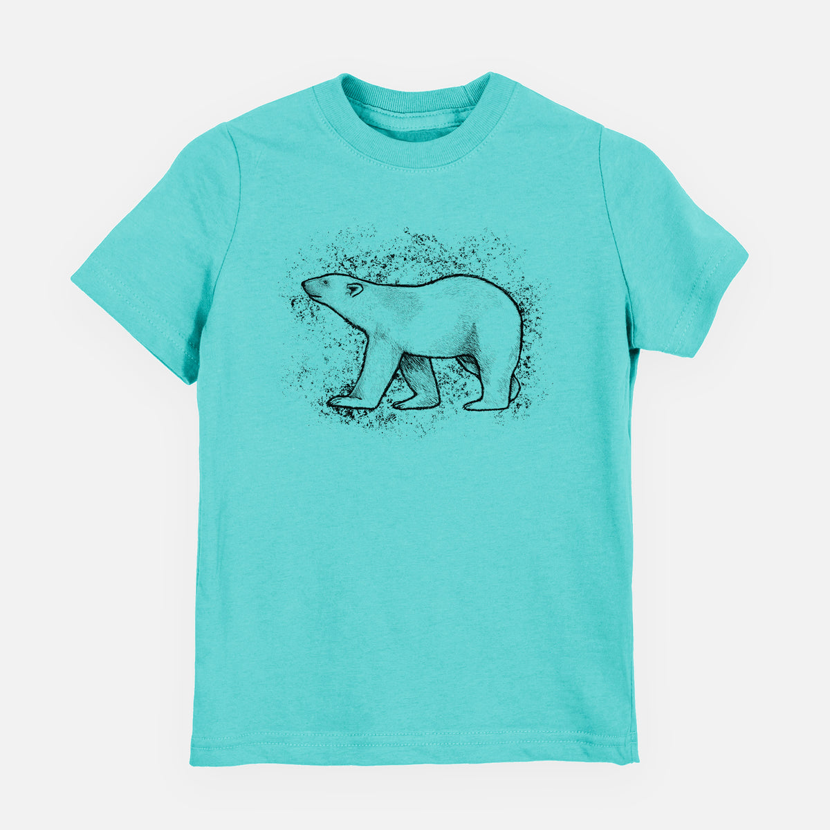 Caribbean blue youth t-shirt laid flat, printed with a black ink illustration of a polar bear walking across snow.