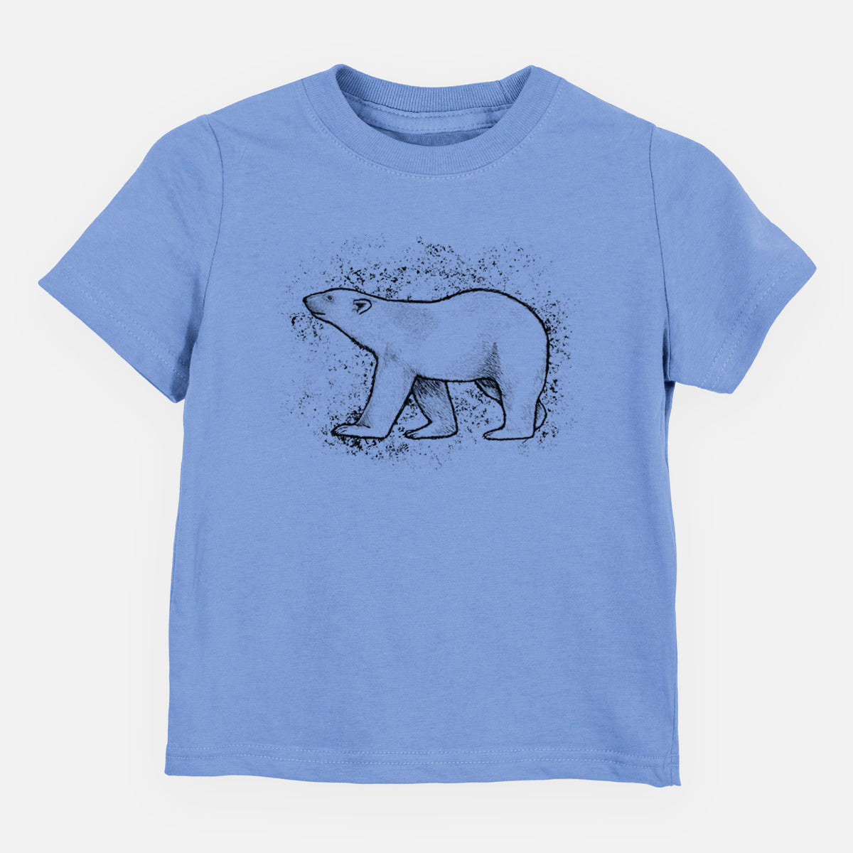 Carolina blue toddler t-shirt laid flat, printed with a black ink illustration of a polar bear walking across snow.