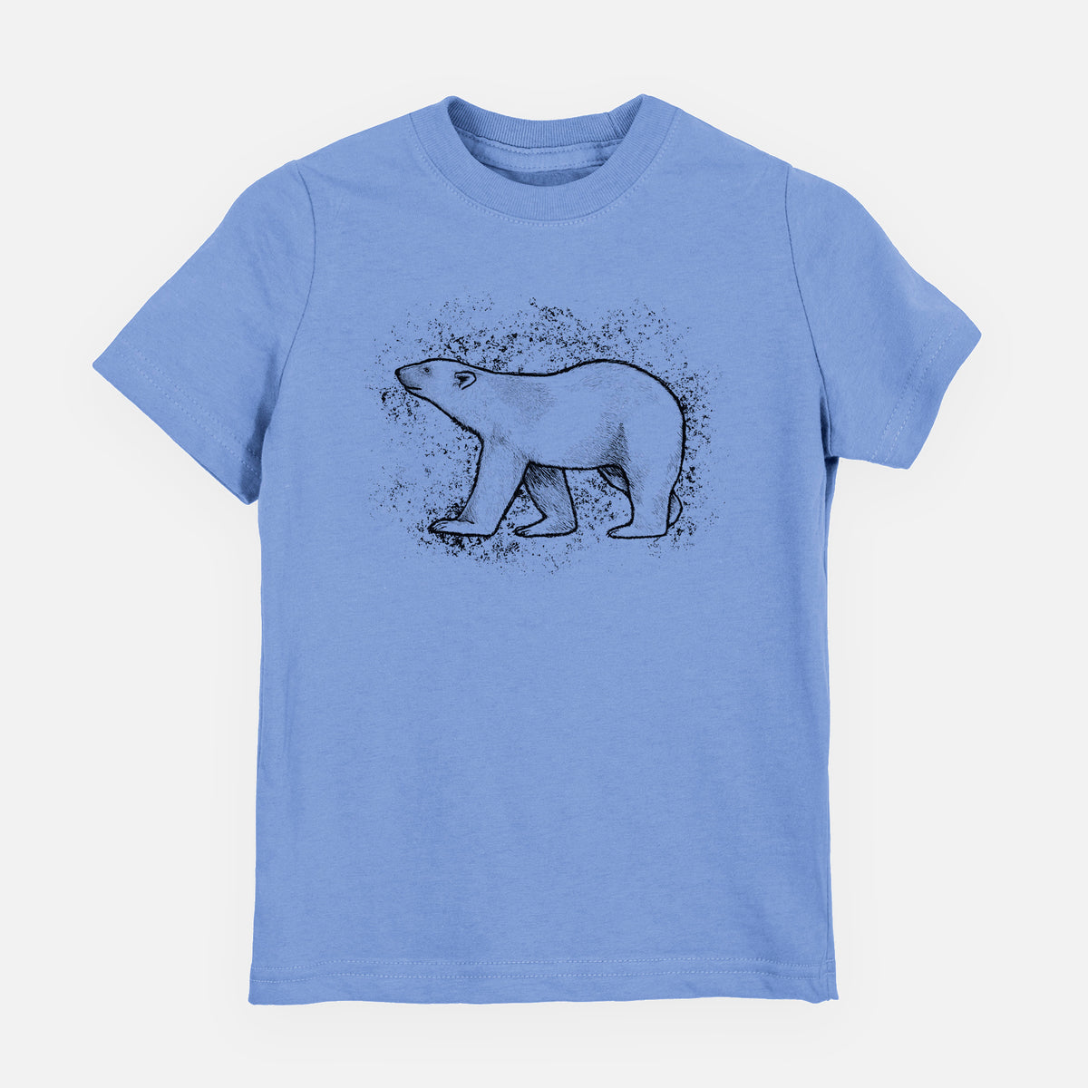 Carolina blue youth t-shirt laid flat, printed with a black ink illustration of a polar bear walking across snow.