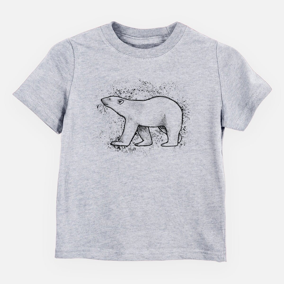 Heather grey toddler t-shirt laid flat, printed with a black ink illustration of a polar bear walking across snow.
