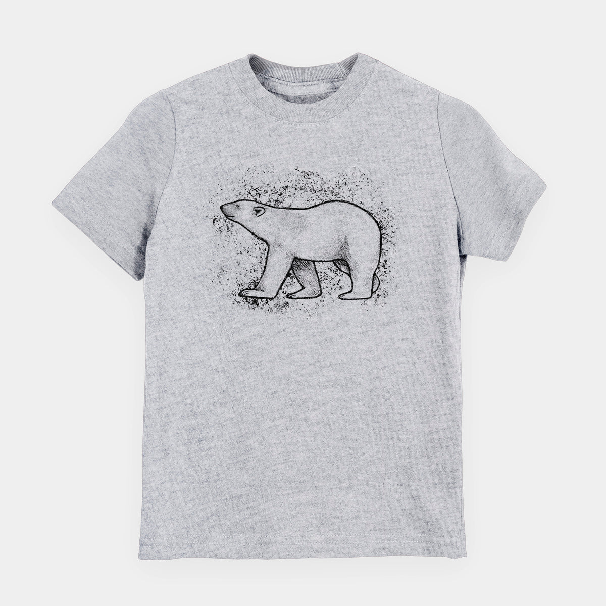 Heather grey youth t-shirt laid flat, printed with a black ink illustration of a polar bear walking across snow.